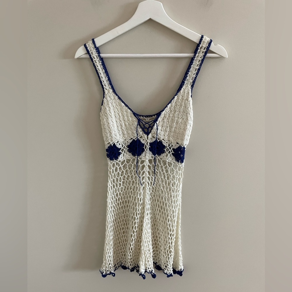 Hand Made White and Blue Crocheted Beach Coverup Size Small